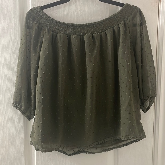 Sheer Off Shoulder Olive Green 3/4 Sleeve Top from BLUENOTES - Picture 1 of 3